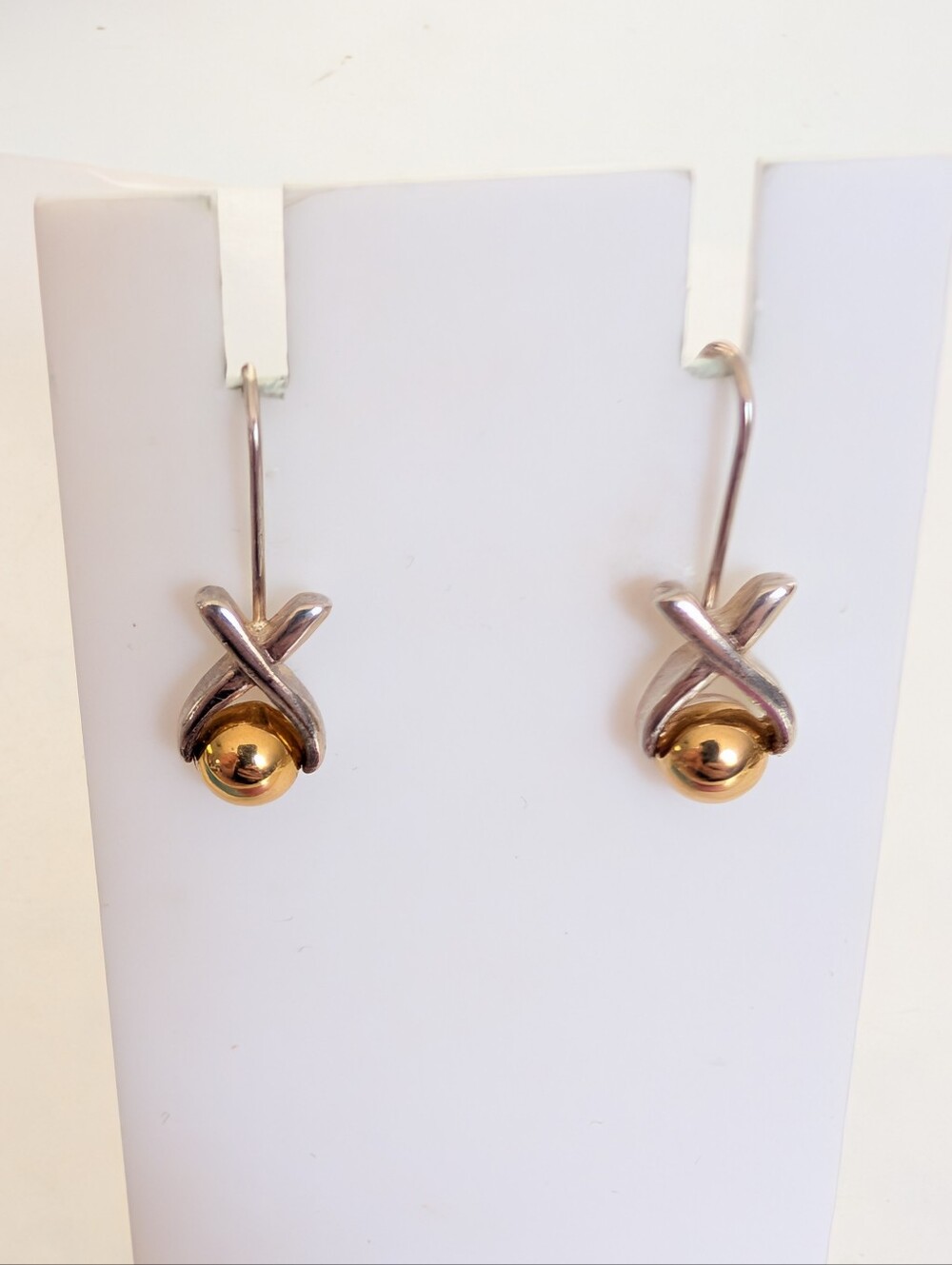 Vintage Gold Silver Tone Modernist XO Kiss Dangle Hook Earrings